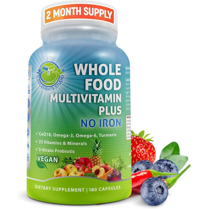 Vegan Whole Food Multivitamin with Iron, Daily Multivitamin for Women and Men, Made with Fruits & Vegetables, B-Complex, Probiotics, Enzymes, Coq10, Omegas, Turmeric, Non-Gmo, 90 Count