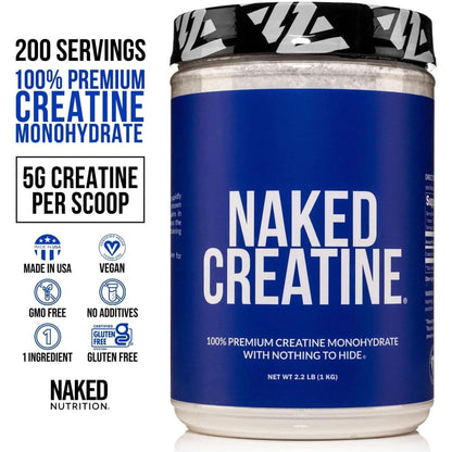 Pure Creatine Monohydrate – 200 Servings - 1,000 Grams, 2.2Lb Bulk, Vegan, Non-Gmo, Gluten Free, Soy Free. Aid Strength Gains, No Artificial Ingredients - Naked CREATINE